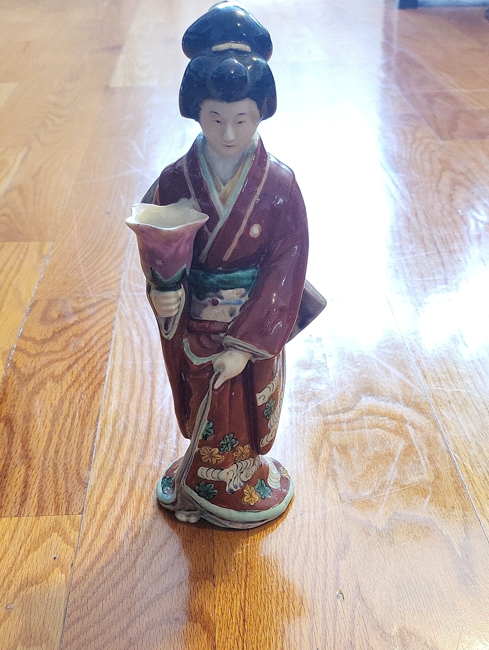 Hand-Painted Ceramic Geisha Figurine in Burgundy and Teal